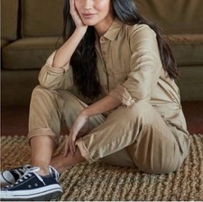 Outerknown Women  s Small SEA Jumpsuit Pockets Cotton Linen Tan Sand NEW 198