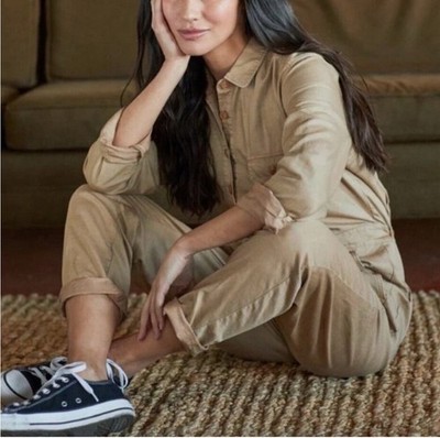 Outerknown Women s Small SEA Jumpsuit Pockets Cotton Linen Tan Sand NEW $198