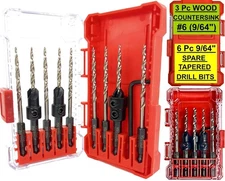 3 Pcs #6 Countersink Drill Bit Set with 6 Replacement Tapered Bits for Wood