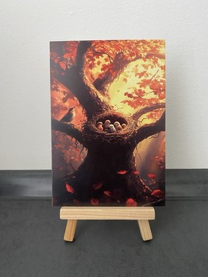 Postcard Theme Card, Autumn, Tree, Coloured Leaves, Bird's Nest with Chicks, Art
