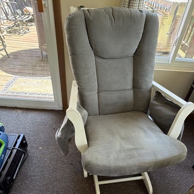 Upholstered Solid Gray Rocking Chair with White Wood Arms, Nursery/Living