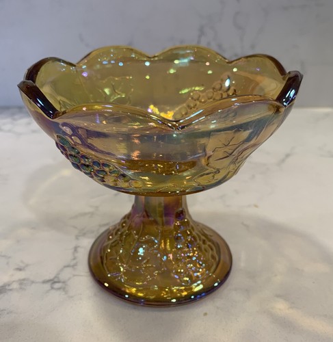 Vintage Carnival Glass Pedestal Candle Holder Iredescent Marigold Amber/Gold - Picture 4 of 9