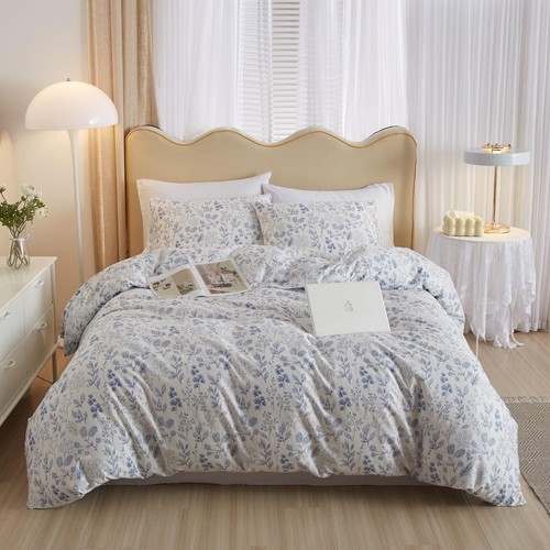 REYOS 3 Piece Floral Duvet Cover Queen White Duvet Cover Blue Floral
