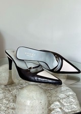 Vintage Gucci Black  White Mini Buckle Mule Heel Pointy Pumps 