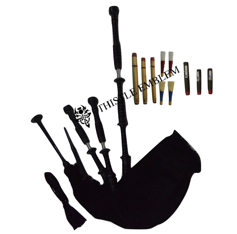 THISTLEEMBLEM Scottish Highland Bagpipe Full Size Black Mounts Black Finish With Tutor Book