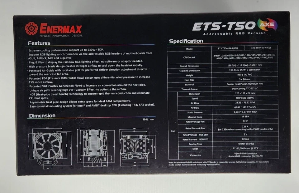 ETS-T50 Axe Addressable RGB CPU Air Cooler 230W+ TDP for Intel/AMD WHITE VER. - Image 3 of 4