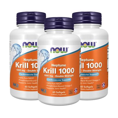 3 x NOW Neptune Krill Double Strength 1000mg Phospholipid Bound Omega 3 60 Sgel