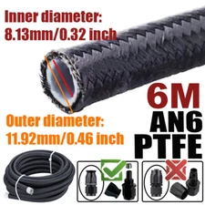 19.6FT AN6 6AN ID:0.32" Nylon Stainless Braided PTFE Fuel Line Oil Gas Hose E85