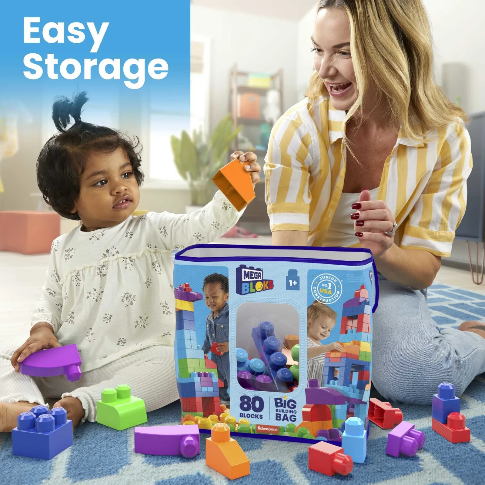 MEGA BLOKS Big Building Bag Toy Block Set (80 Blocks), Blue for Child 1Y+ alternate view 6