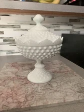 Fenton Milk Glass Candy Dish Hobnail Pedestal with Lid