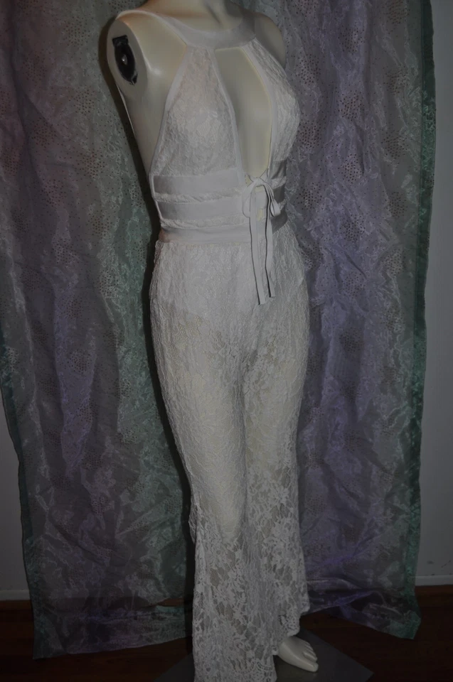 白色花卉蕾丝连身裤宽喇叭裤 L 码“旗帜”*阅读*原样 — 第 3/4 张图片