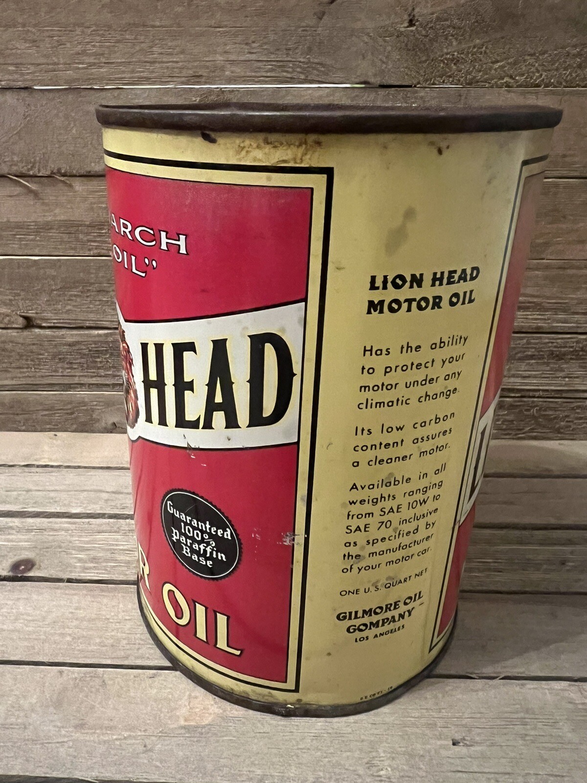 Vintage Motor Oil Can Quart Lion Head Monarch Of Oil Gilmore Antique