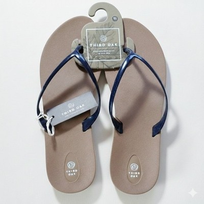 Third Oak Size 11 NEW Flip Flops Thong Unisex Sandals Navy Blue Tan USA Recycled