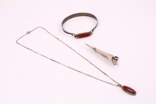 Silver Scandinavian Bangle Necklace Brooch Carnelian Garnet Modernist x3 22g