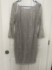 Designer Dress Calvin Klein Size 8 Shimmering Elegance Taupe Silver Lace Lined