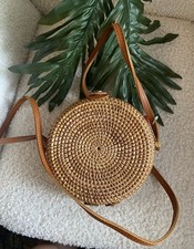 Round Woven Crossbody Bag Natural/Brown Snap Closure Detachable Strap Lined