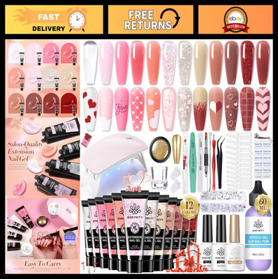 12 Colors Poly Nail Extension Gel Kit - Builder Glue, Lamp, Base & Top Coat Set