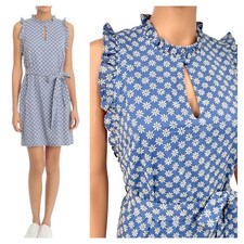 London Times Chambray Ruffle Eyelet Belted Cotton Dress Womens Size 8