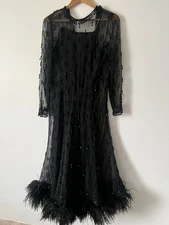 Robe Soirée Ancienne Fait Main Perles Plumes 1930 Soie