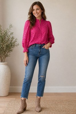 Bright Pink 100% Cotton Eyelet Embroidery Ruffle Neck Button Down Blouse NWOT M