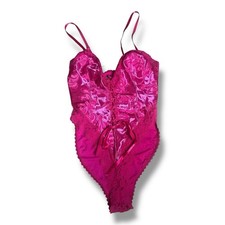 Vintage 80s Shirley of Hollywood Pink Nylon Lace Teddy Babydoll Lingerie Sz S