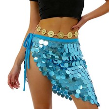 's Sequin Belly Dance Mini Hip Scarf, Sparkly Mermaid Wrap Skirt with Gold Ch...