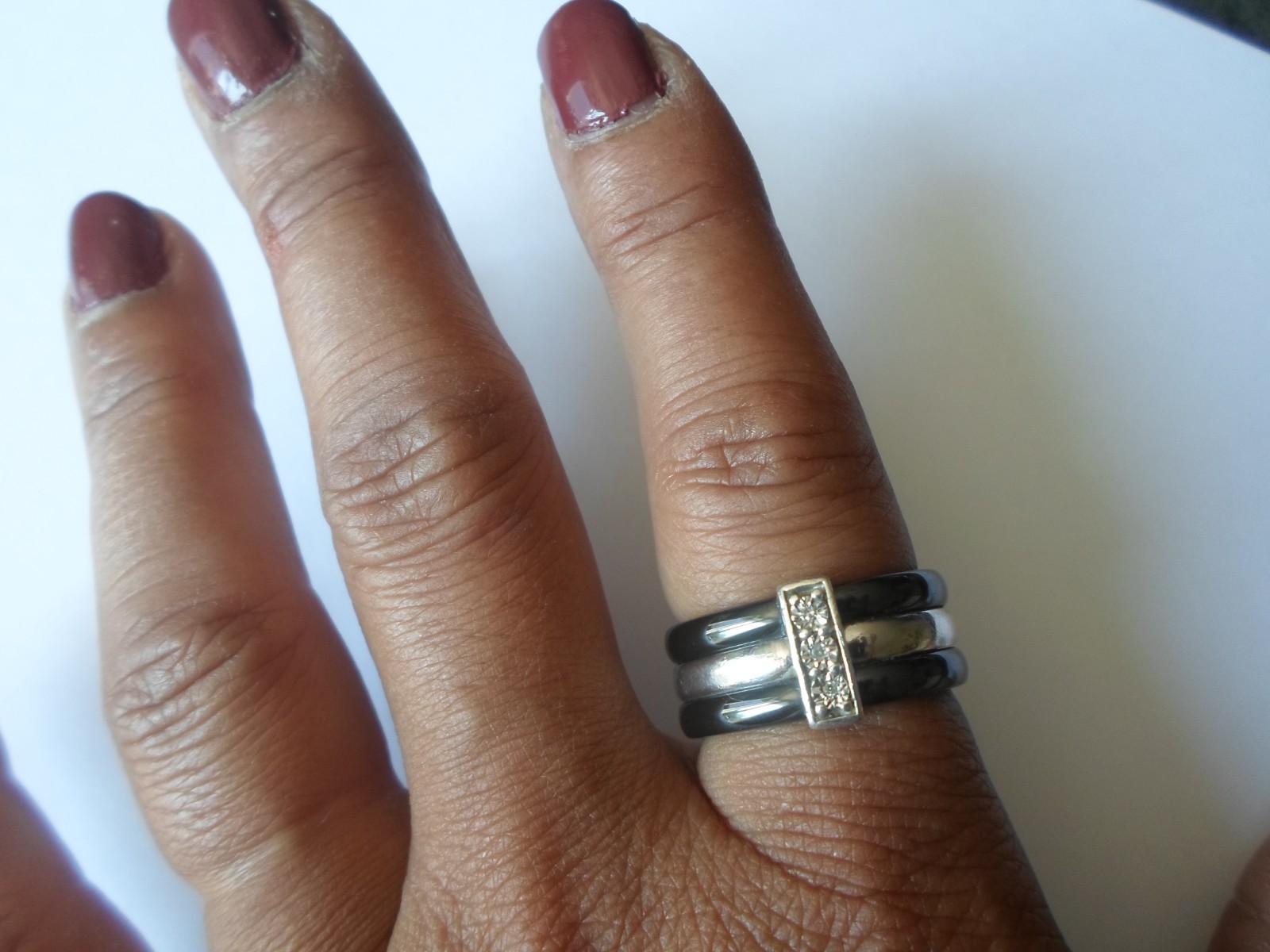 ceramic and solid silver ring, triple rows, rhine… - image 4