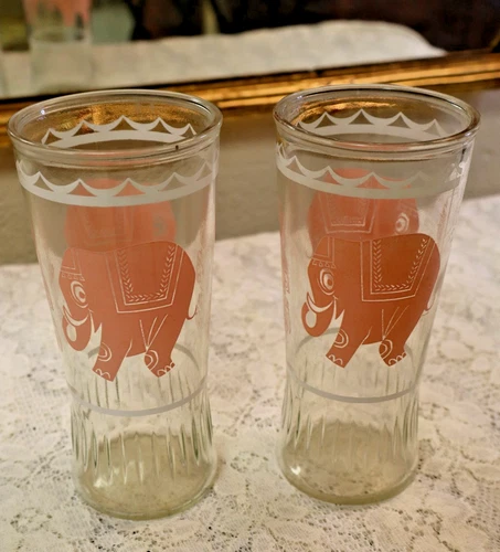 Vintage Anchor Hocking Pink Elephant Jelly Jar Glasses Tumblers (Pair) - Nice!