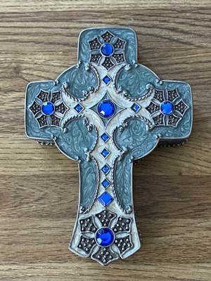 Vintage Enameled Cross Trinket Box Poland Green Blue Rhinestones Elegant Unique