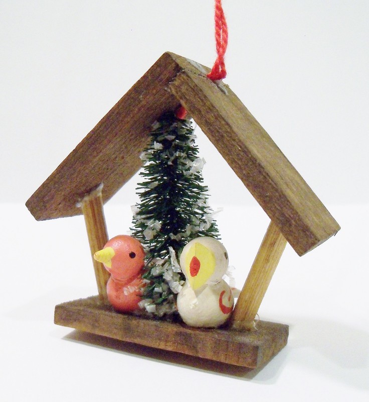 Birds in House Wooden Wood Bottle Brush Sisal Tree Italy Vntg Miniature Ornament