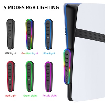 For PS5 Pro/PS5 Slim Console 6-in-1 2.0 HUB Data Transfer Extender withRGB Light