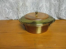 Mid Century Modern Gold Aluminum Brass and Wood Covered Casserole w Pyrex Insert