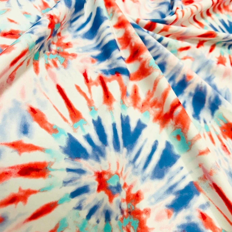 Tela de Spandex Rojo y Azul Estampado Tie Dye Elástico Nylon por Yarda para Trajes de Baño Foto 4 de 4