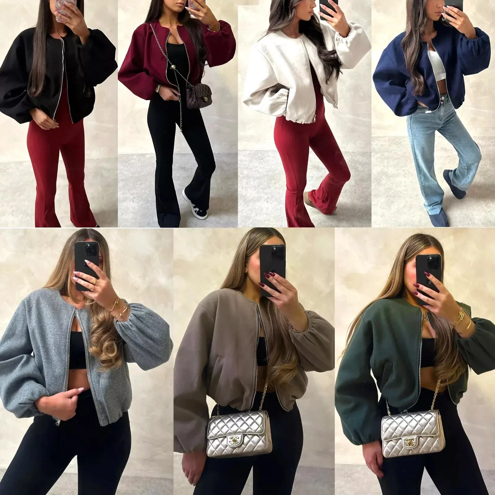 Ladies Women's Balloon Sleeve Italian Ruched Arm Zip up Pocket Bomber Jacket
