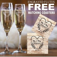 PERSONALISED WEDDING CHAMPAGNE FLUTES ENGRAVED GLASSES MUGS & COASTERS GIFT SET