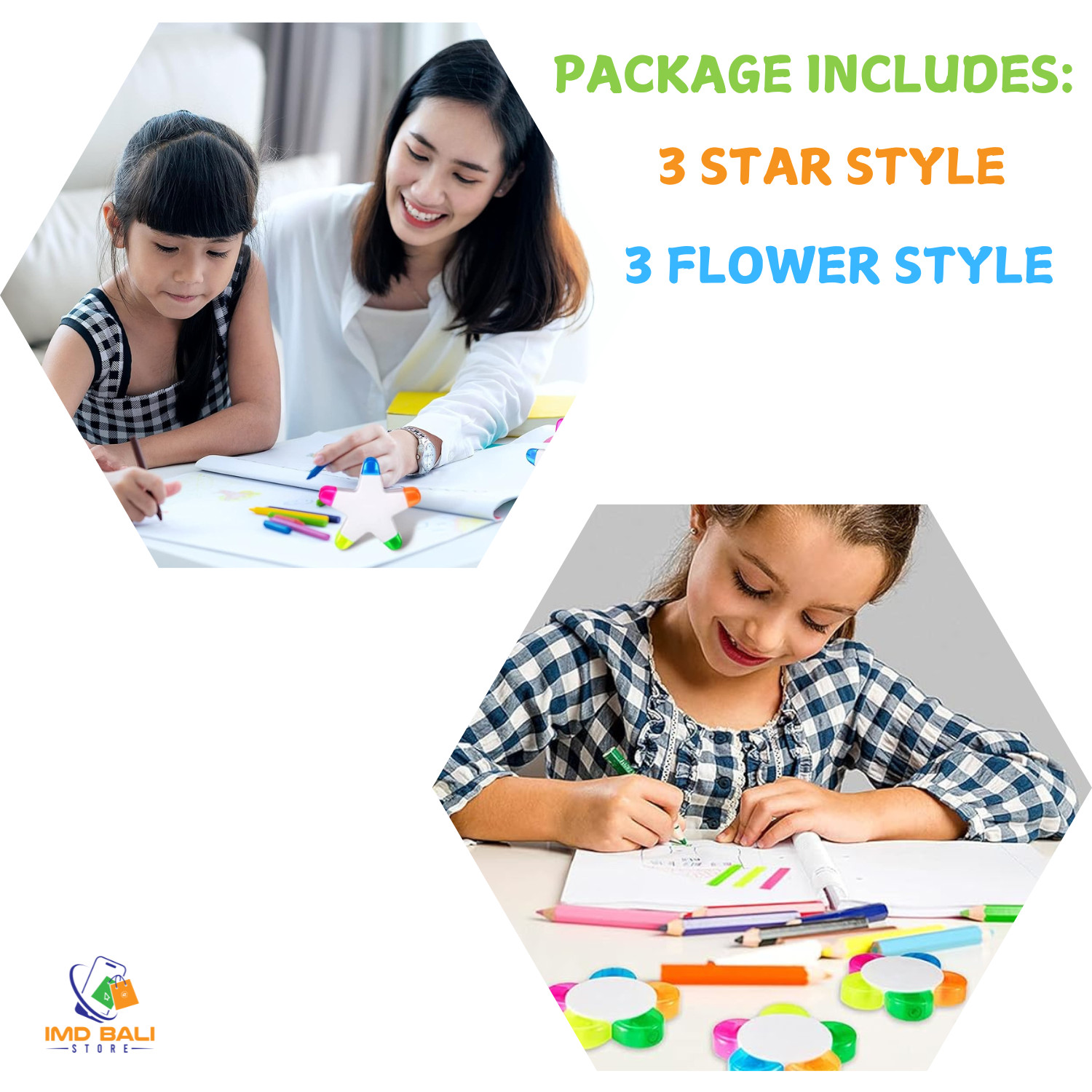 Highlighters Flower and Star Shape 5-in-1 Color Fluorescent Pens 6 Pieces