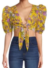 Hemant & Nandita Yellow Floral Print Tie-Front Cropped Top MSRP $223 XXL New