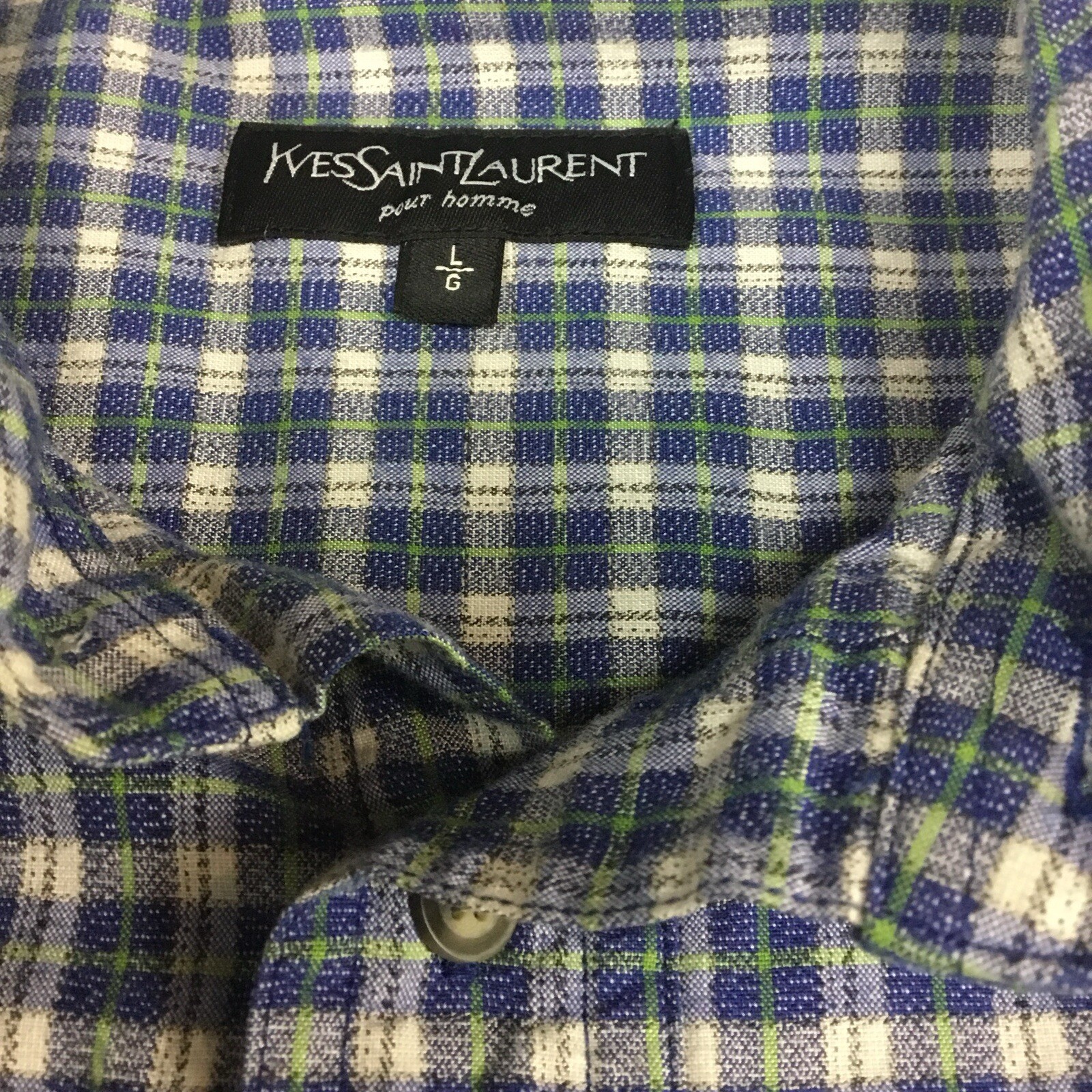 Yves Saint Laurent Camicia Uomo Bottone Frontale L 46" Plaid Blu Bianco Manica Lunga