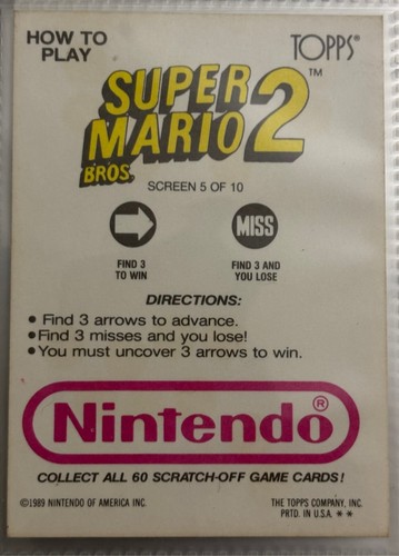 1989 Super Mario Bros. 2 Screen 5 Scratch Off Game Topps Trading Card - Picture 2 of 2