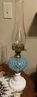Vintage Fenton Blue Glass Coin Dot With Milk Glass Base 22” Boudoir  Table Lamp