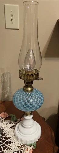Vintage Fenton Blue Glass Coin Dot With Milk Glass Base 22” Boudoir  Table Lamp