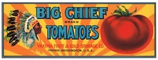 GENUINE CRATE LABEL VINTAGE NATIVE AMERICAN TOMATO INDIAN YAKIMA BIG CHIEF C1950