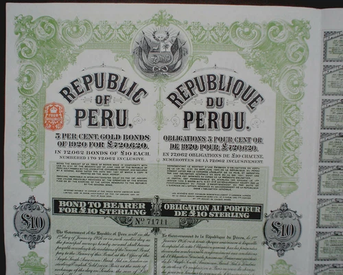 Republic of Peru 10 £ 5% Gold Bond 1921 uncancelled + complete coupon sheet