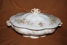 Antique A. Lanternier Limoges 11 1/2" Covered Dish Bow Ribbon Flowers 