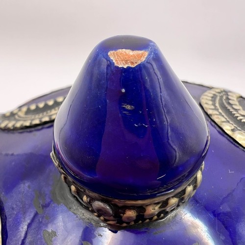 Vintage Antique Art Pottery Hand Etched Silver Cobalt Glaze Vanity Trinket Box - Picture 5 of 8