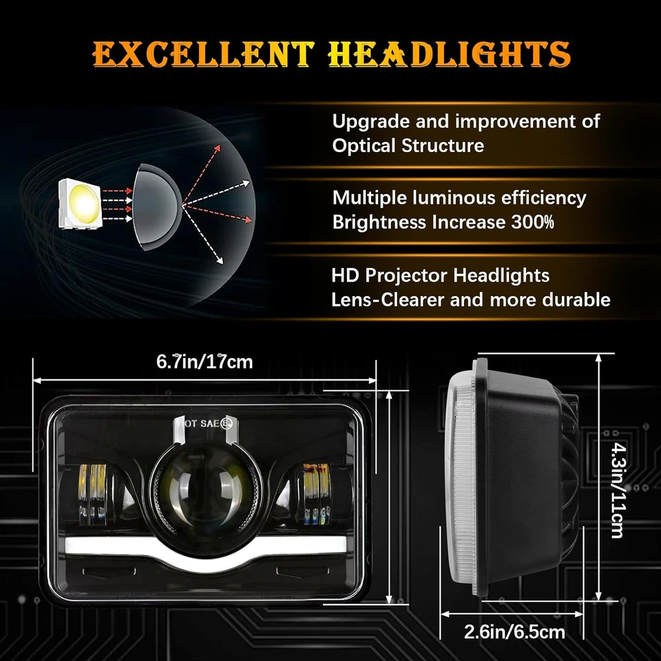 DOT Approved 4pcs 4x6" inch LED Headlights High/Low Beam Halo DRL for Datsun 720 - Image 3 of 4