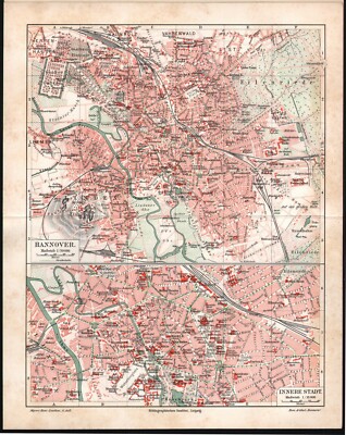 Hanover Inner City Germany 1909 Meyers Antique Map