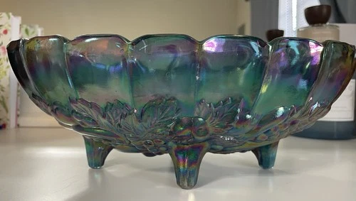 Vintage Indian Glass/Carnival Glass Iridescent Blue Bowl, Large