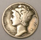 1931 Mercury Winged Head Dime 10 Cents Silver Coin F+