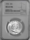 1955-P 50C FRANKLIN SILVER HALF DOLLAR (BUGS VARIETY) NGC MS64 FBL #6544817-015
